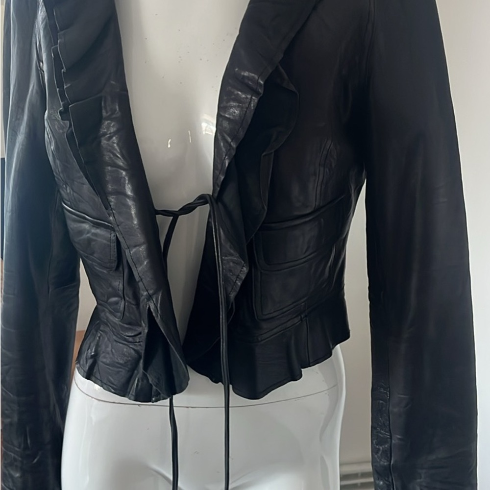 Vintage Black Ruffled Women's Leather Jacket